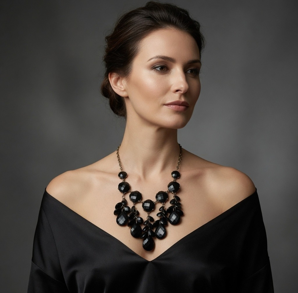 Black Faceted Bib Statement Necklace 19.5"-22.5" VG
